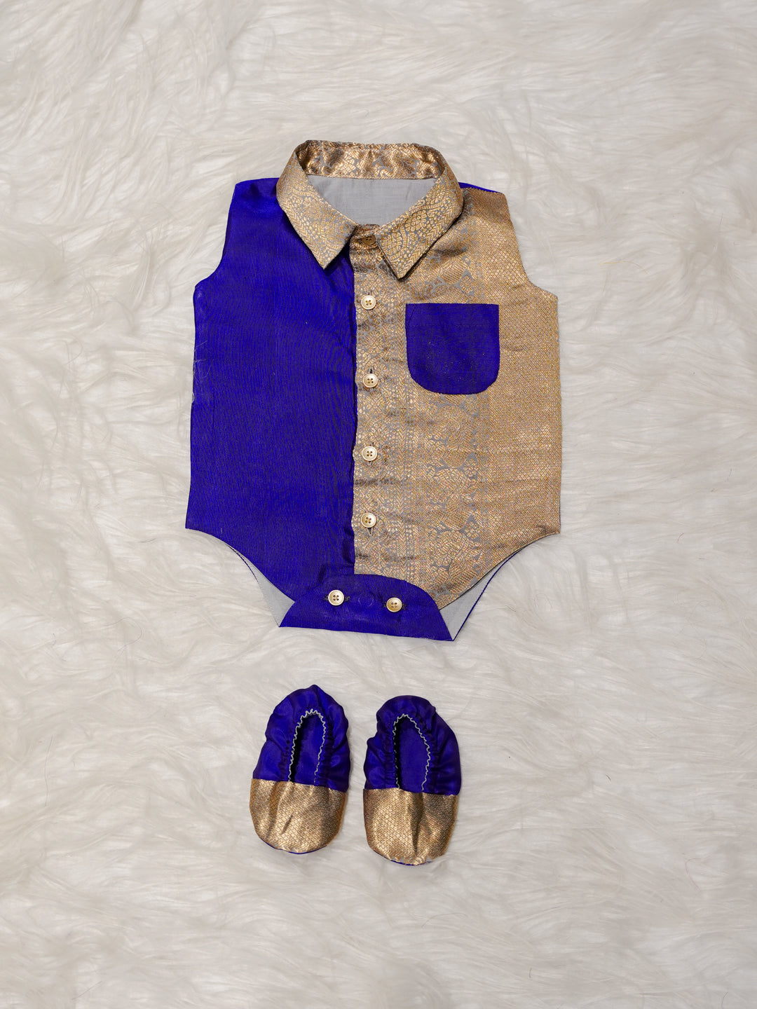 Blue Gold Boy Romper with Contrast Panel