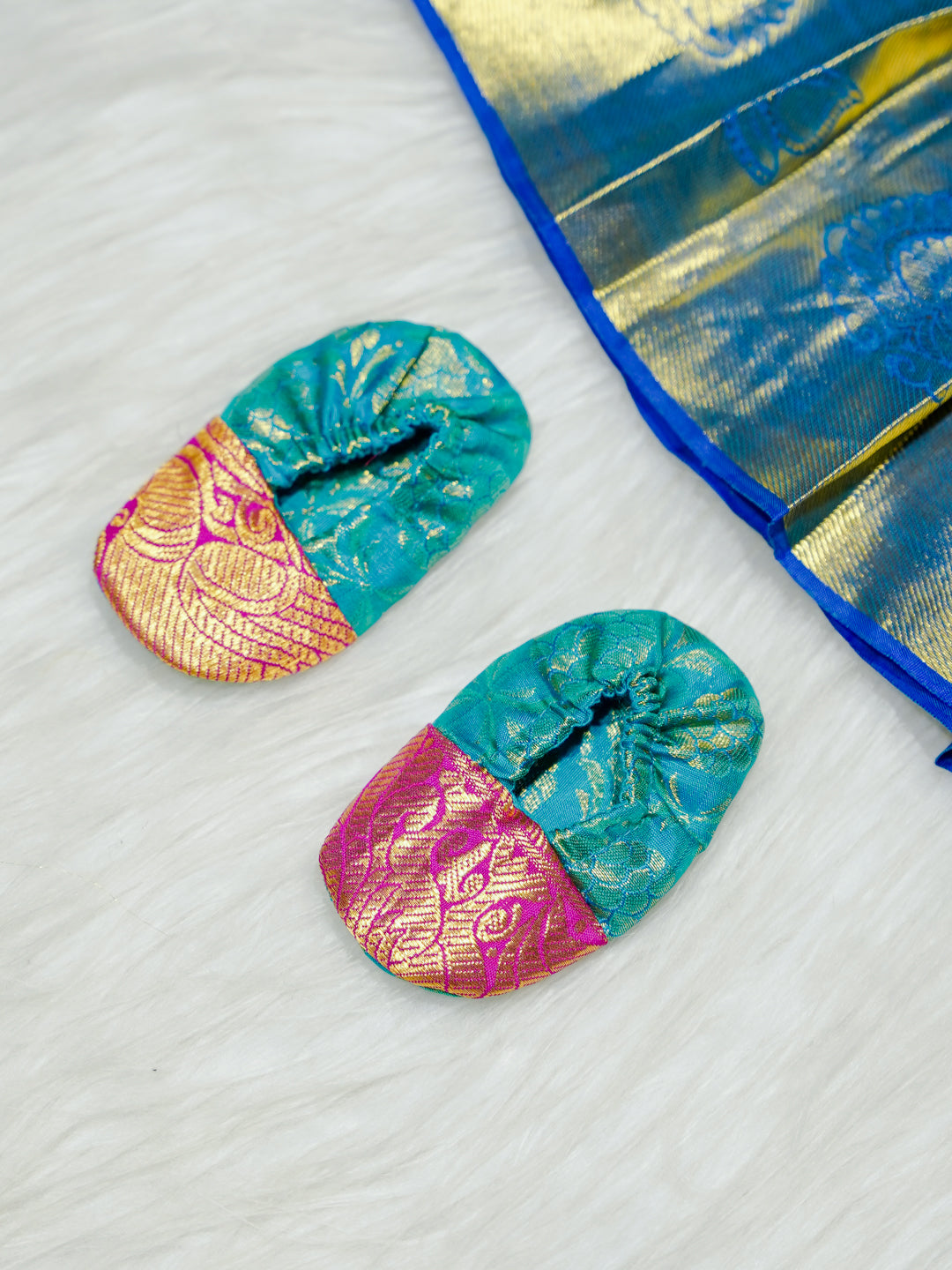 Turquoise & Pink Kanchipuram Silk Baby Gown