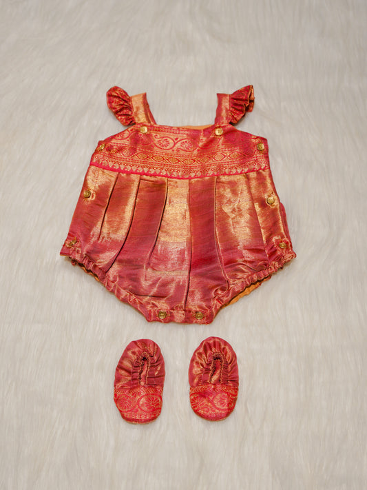 Coral Pink Kanchipuram Silk Baby Romper Set with Shoes