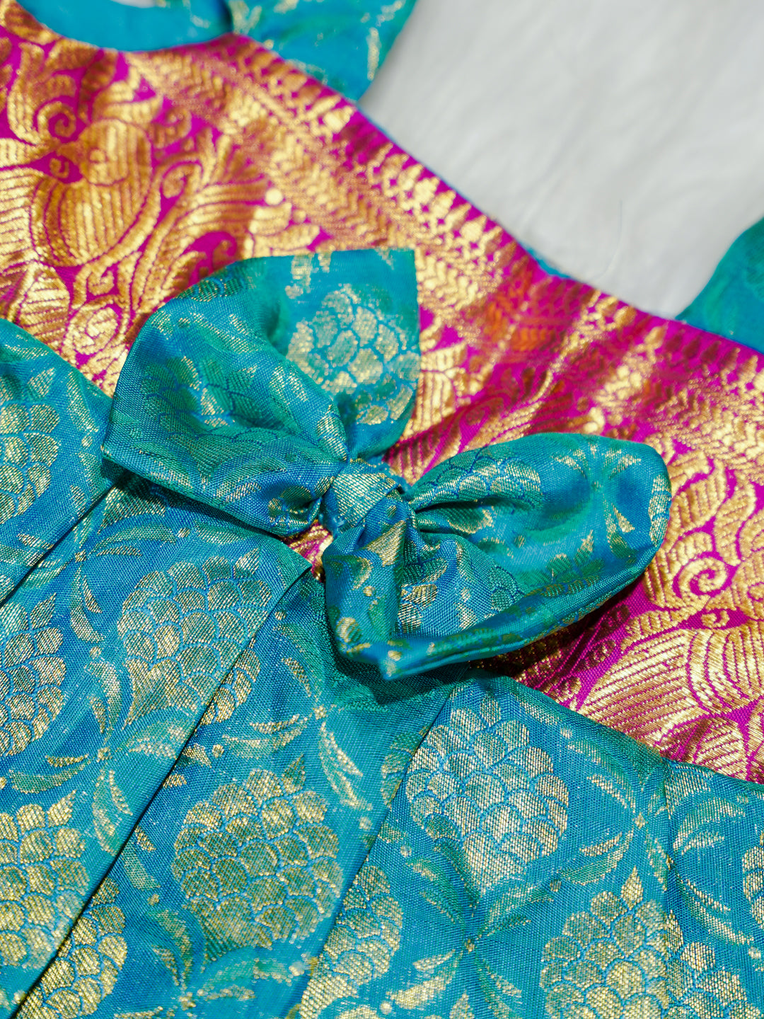 Turquoise & Pink Kanchipuram Silk Baby Gown