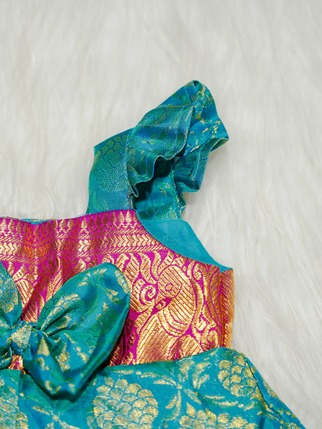 Turquoise & Pink Kanchipuram Silk Baby Gown