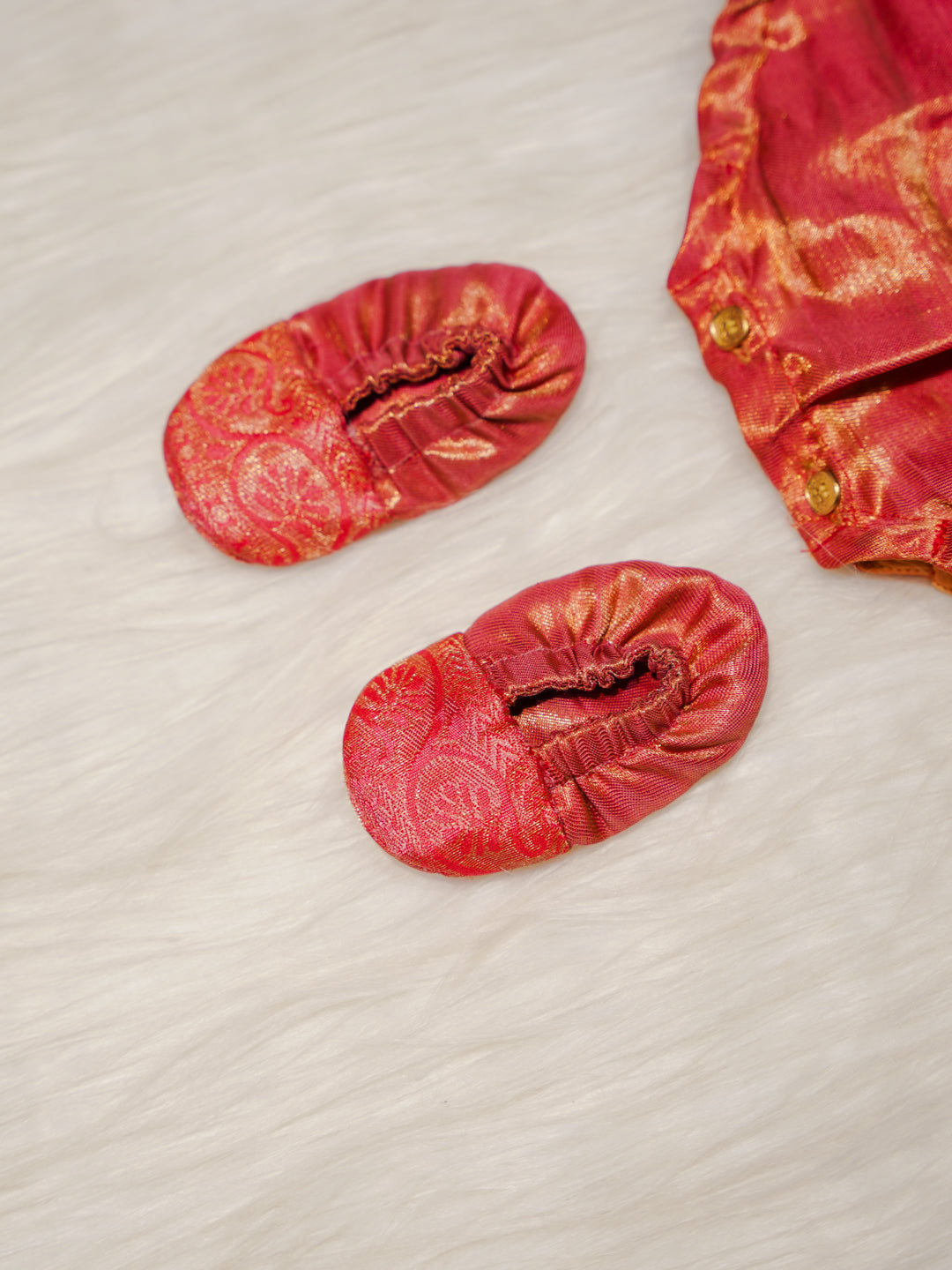 Coral Pink Kanchipuram Silk Baby Romper Set with Shoes