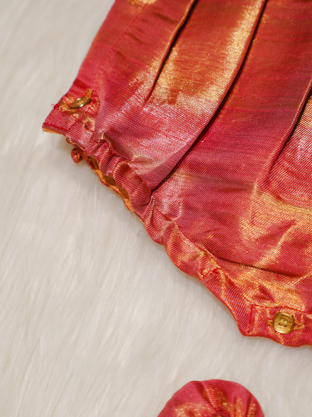 Coral Pink Kanchipuram Silk Baby Romper Set with Shoes