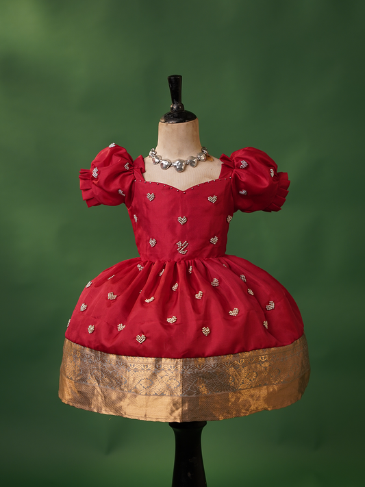 Red silk gown for kids with heart embroidery