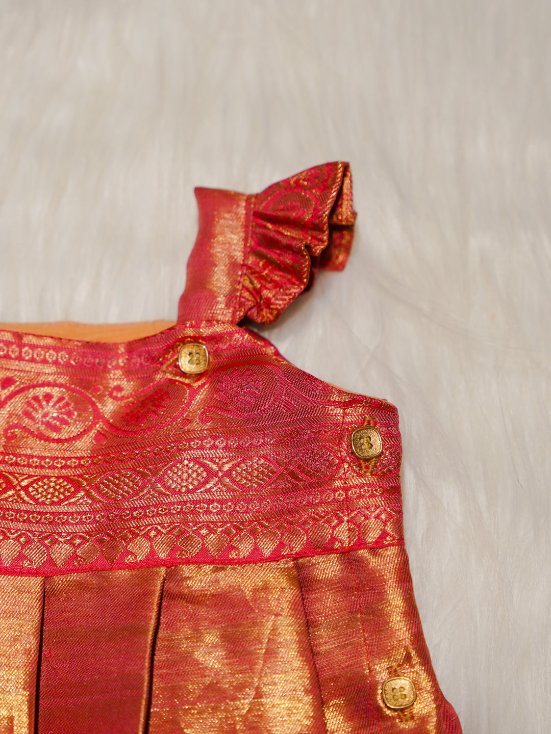 Coral Pink Kanchipuram Silk Baby Romper Set with Shoes