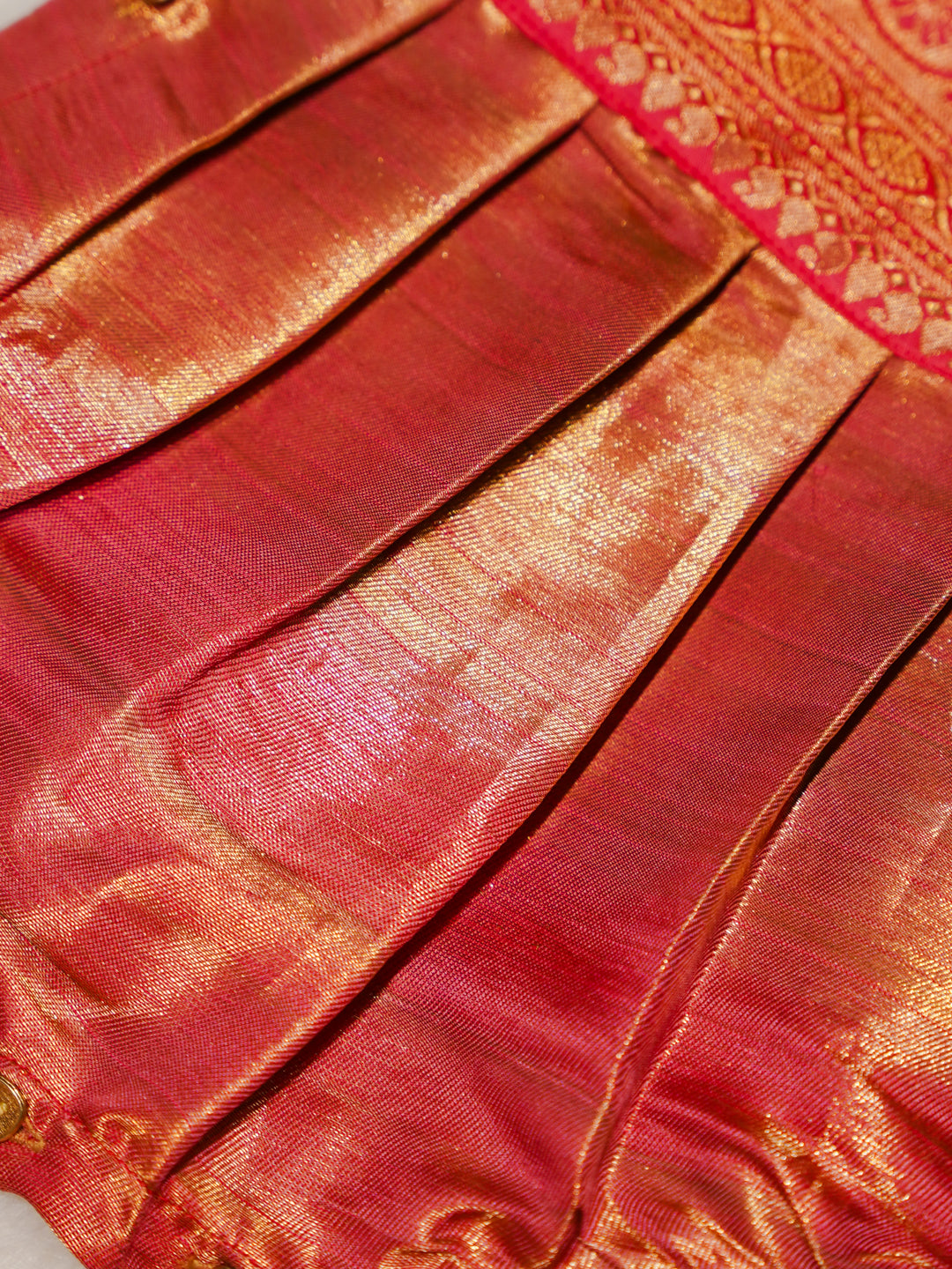 Coral Pink Kanchipuram Silk Baby Romper Set with Shoes