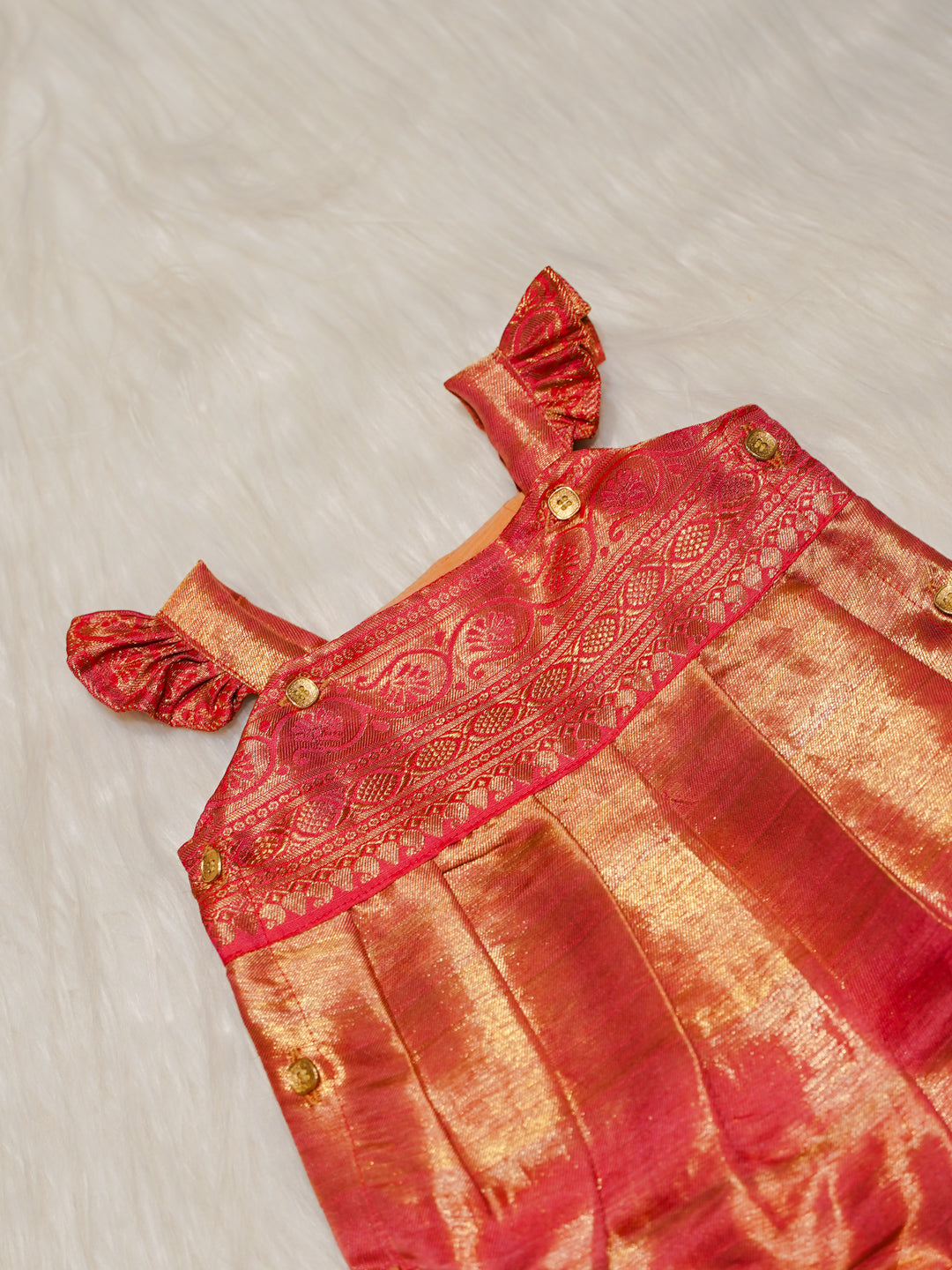 Coral Pink Kanchipuram Silk Baby Romper Set with Shoes