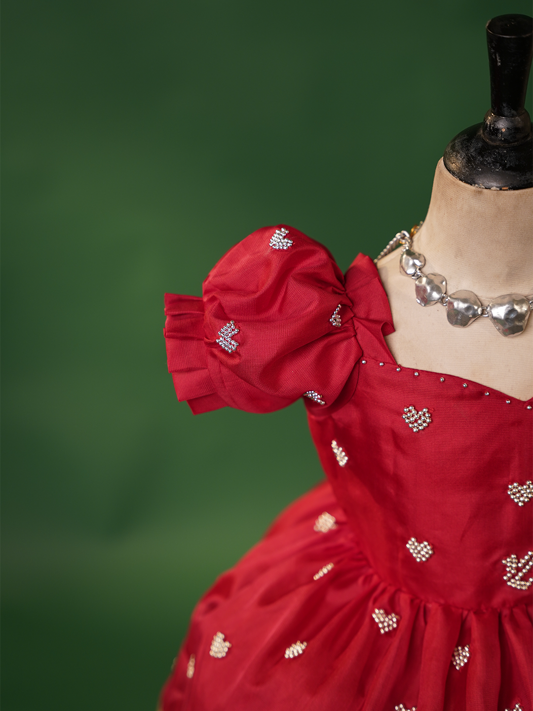 Red silk gown for kids with heart embroidery