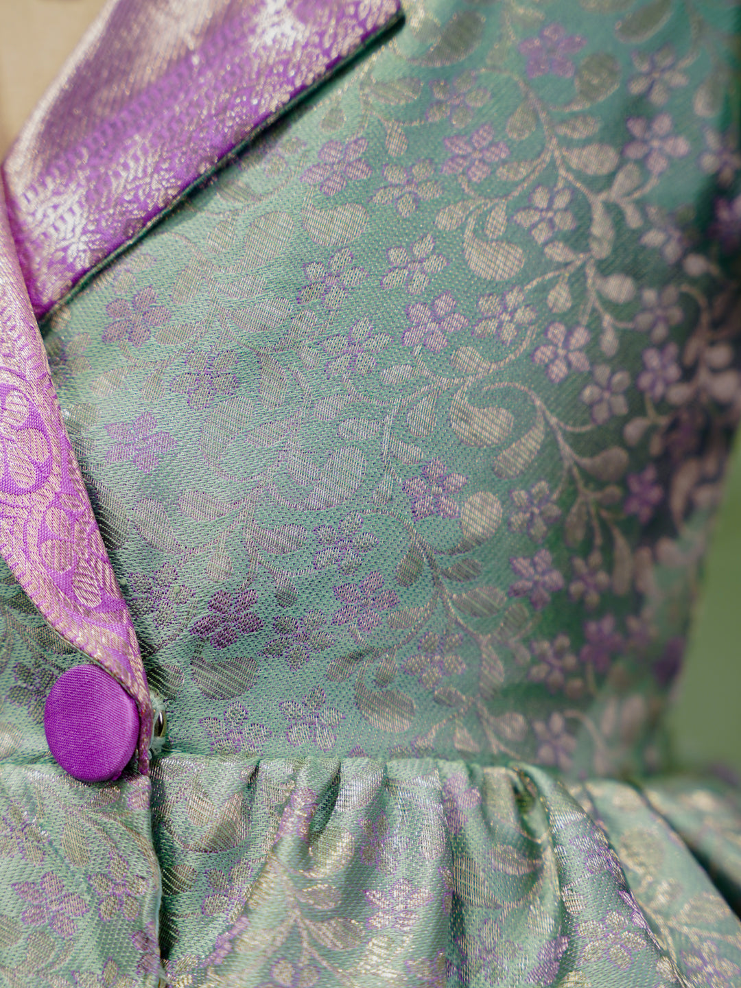 Mint Green & Lavender Kanchipuram Silk Kids Gown with Jacket Style
