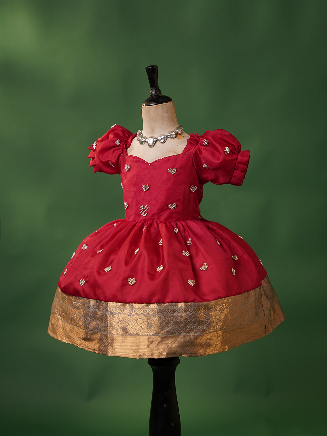 Red silk gown for kids with heart embroidery