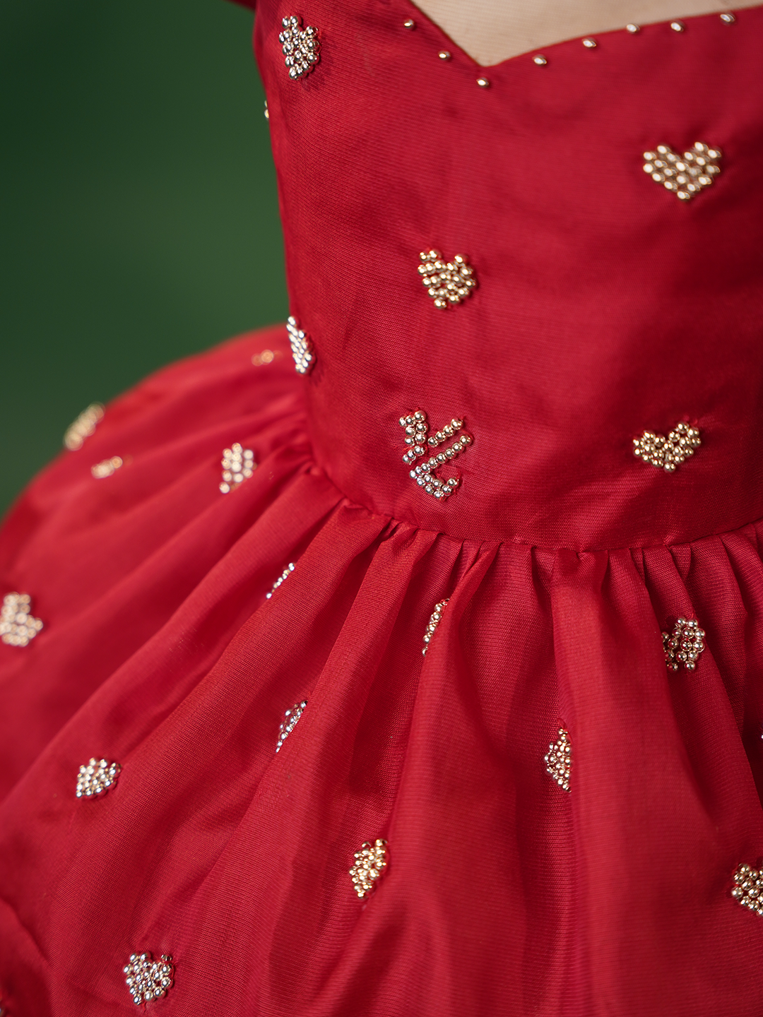 Red silk gown for kids with heart embroidery