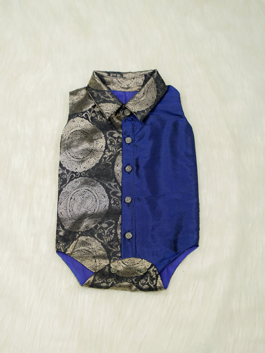 Black Blue Brocade Baby Boy Romper