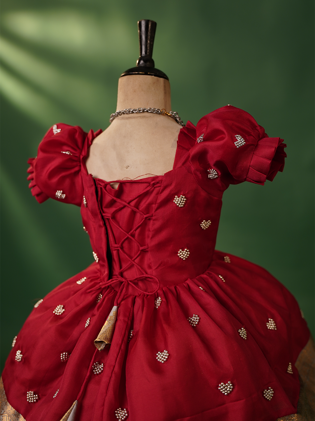 Red silk gown for kids with heart embroidery