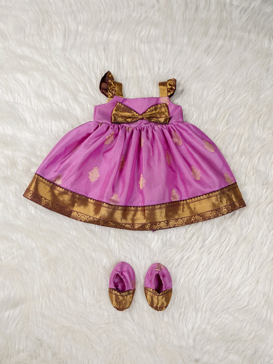 Pink Kanchipuram Bow Frock Set with Matching Booties