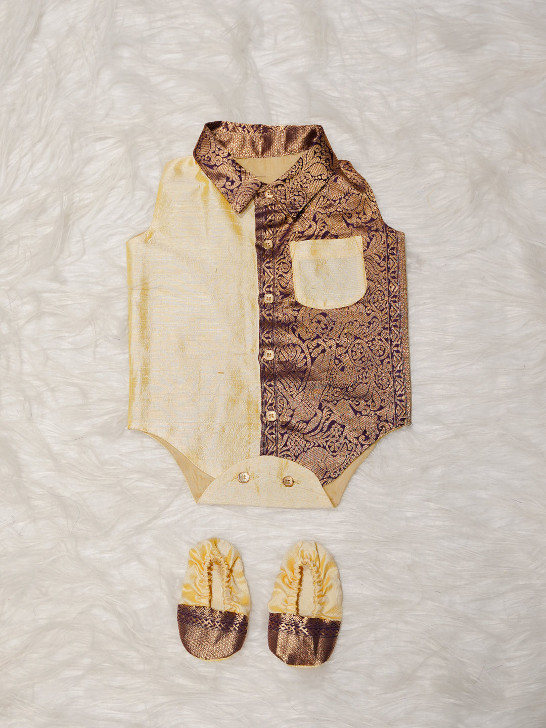 Cream Boy Romper with Zari Panel
