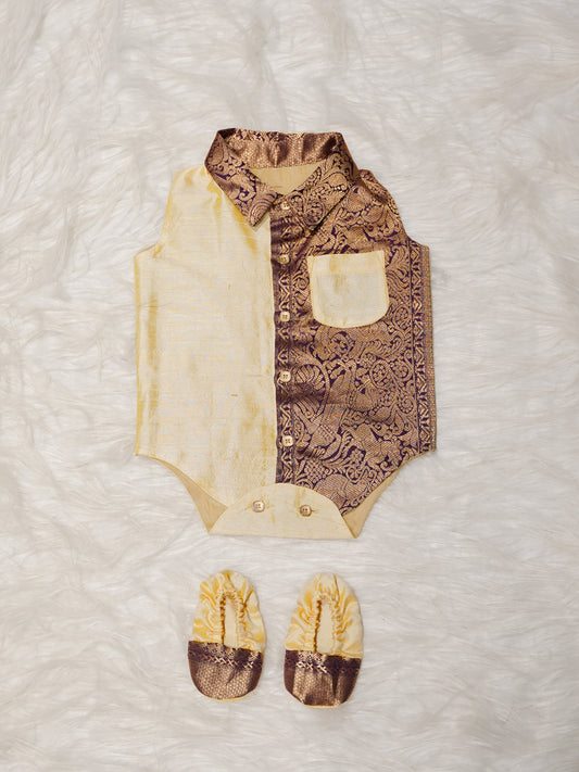 Cream Boy Romper with Zari Panel