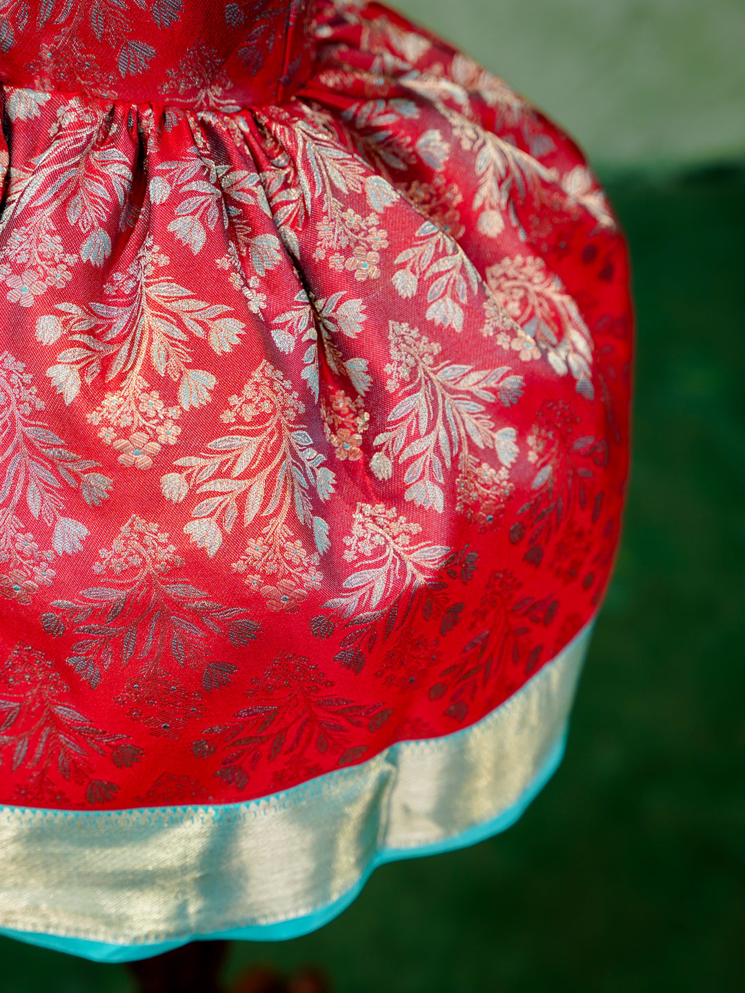 Crimson Red & Aqua Blue Kanchipuram Silk Kids Gown with Jacket Styling