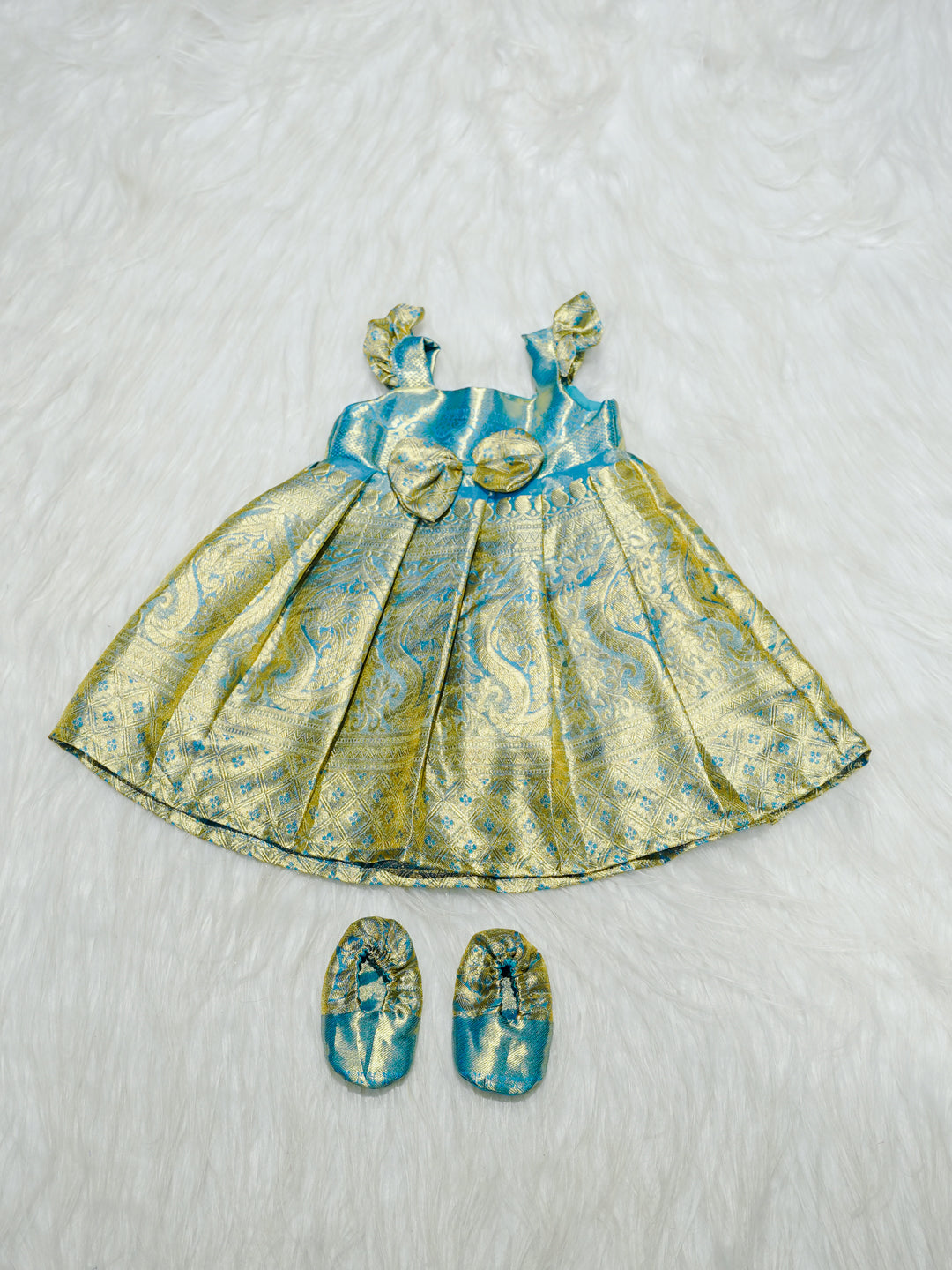 Sky Blue & Gold Silk Baby Gown with Bow