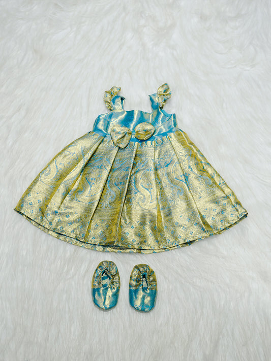 Sky Blue & Gold Silk Baby Gown with Bow