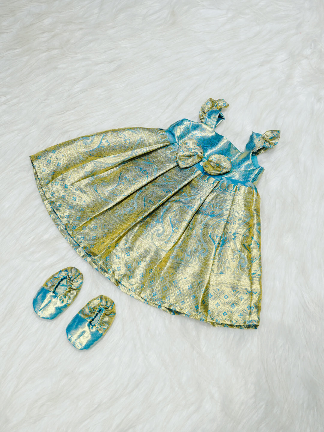 Sky Blue & Gold Silk Baby Gown with Bow
