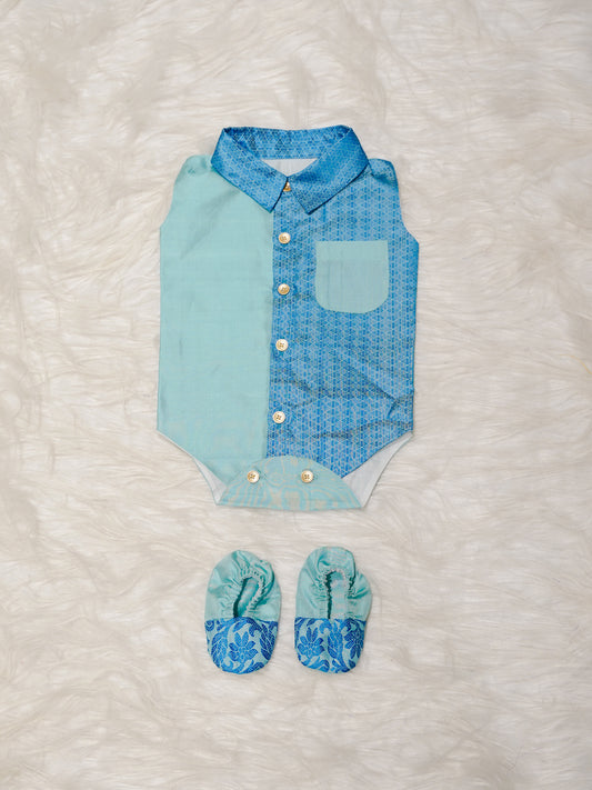 Aqua Blue Boy Romper with Dual Tone Design