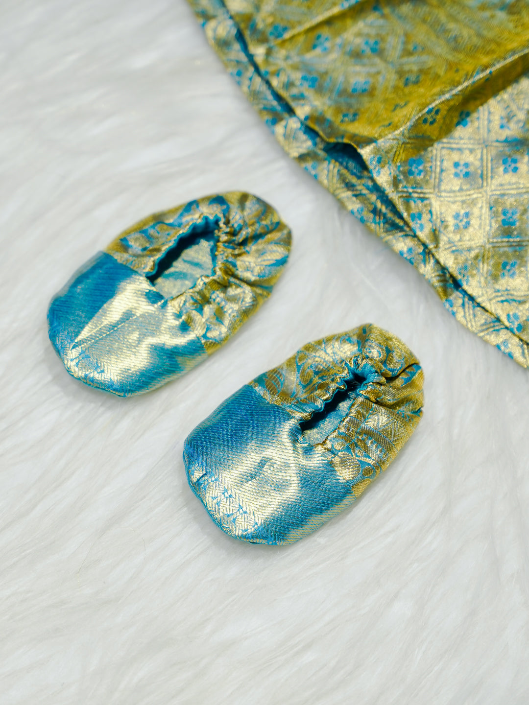 Sky Blue & Gold Silk Baby Gown with Bow