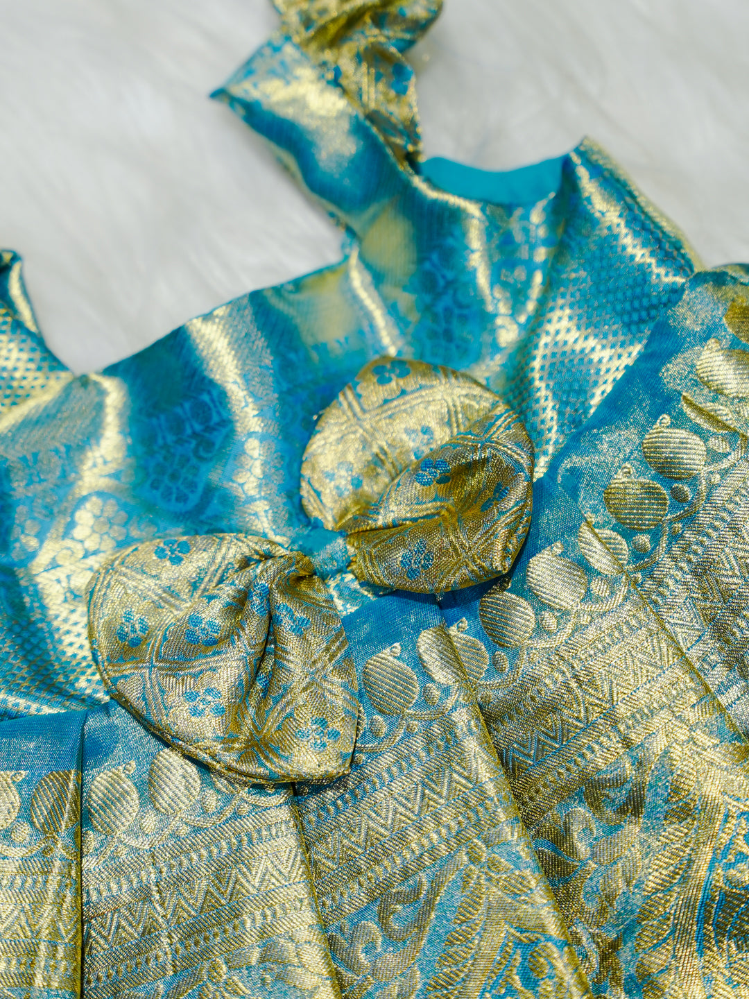 Sky Blue & Gold Silk Baby Gown with Bow