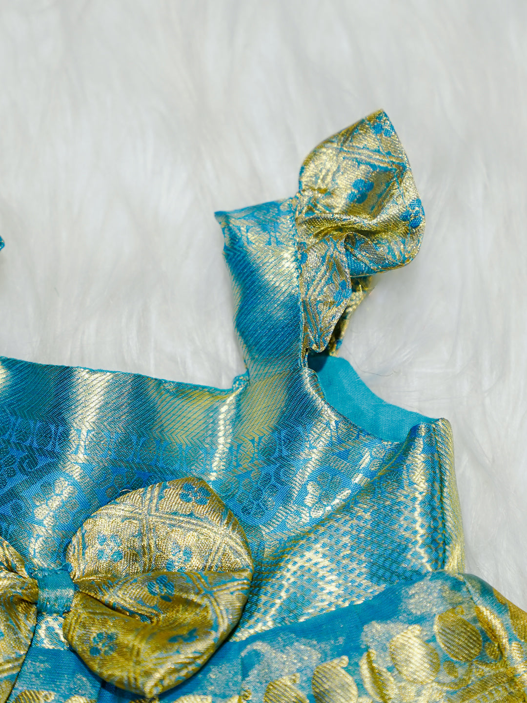 Sky Blue & Gold Silk Baby Gown with Bow
