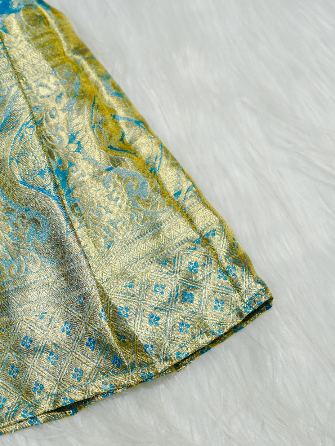 Sky Blue & Gold Silk Baby Gown with Bow