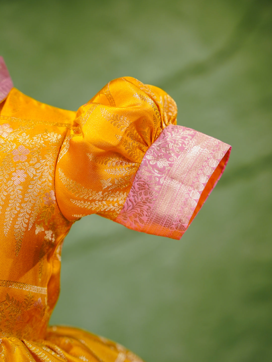 Sunshine Yellow & Pink Kanchipuram Silk Kids Gown with Jacket Style