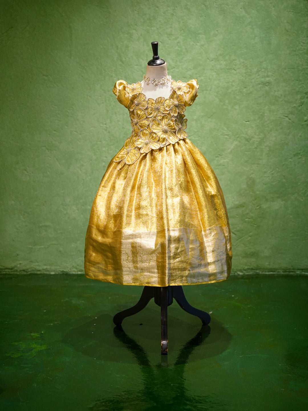 Golden Yellow Girl Silk Gown with Floral Embroidery