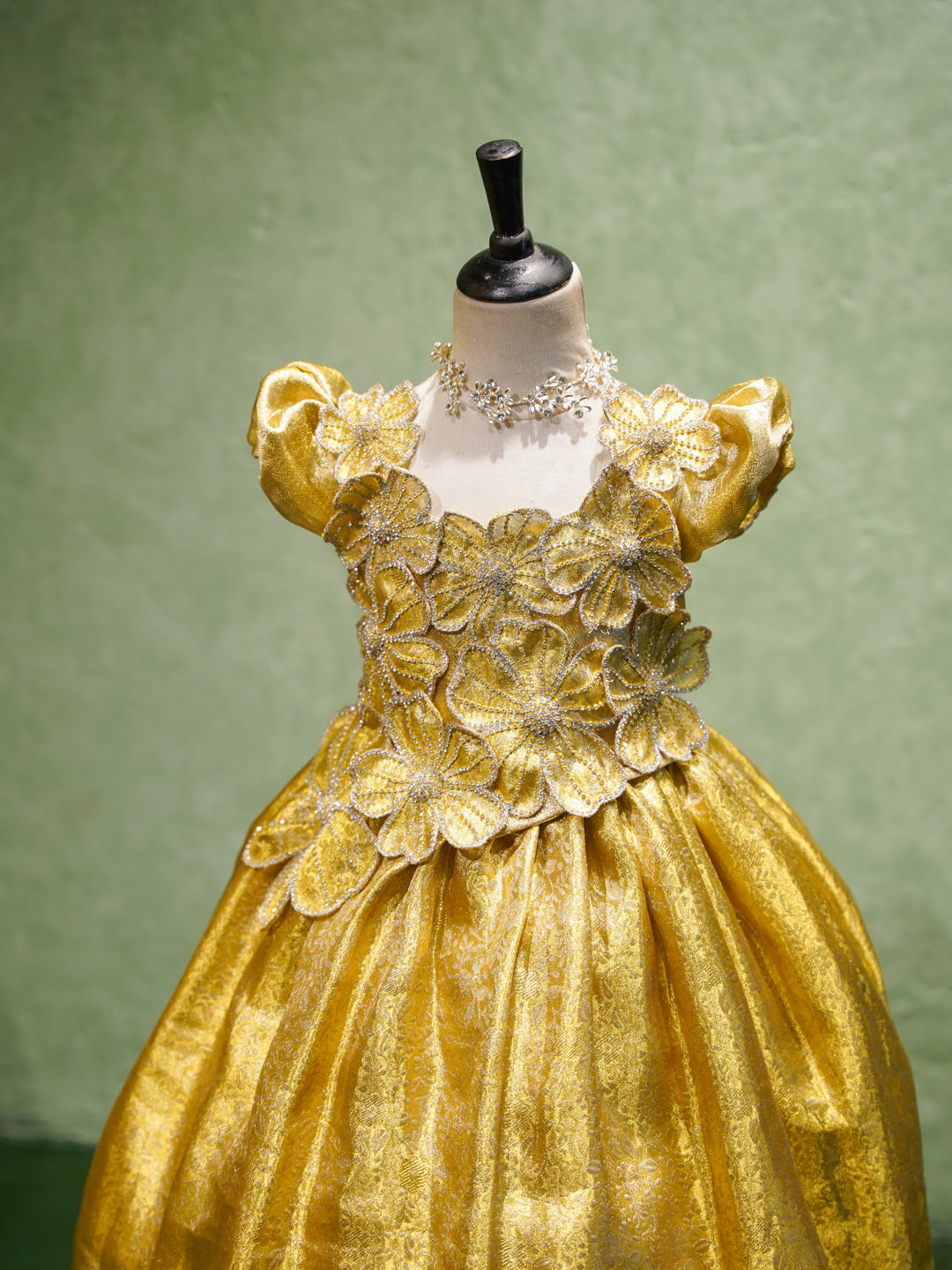Golden Yellow Girl Silk Gown with Floral Embroidery