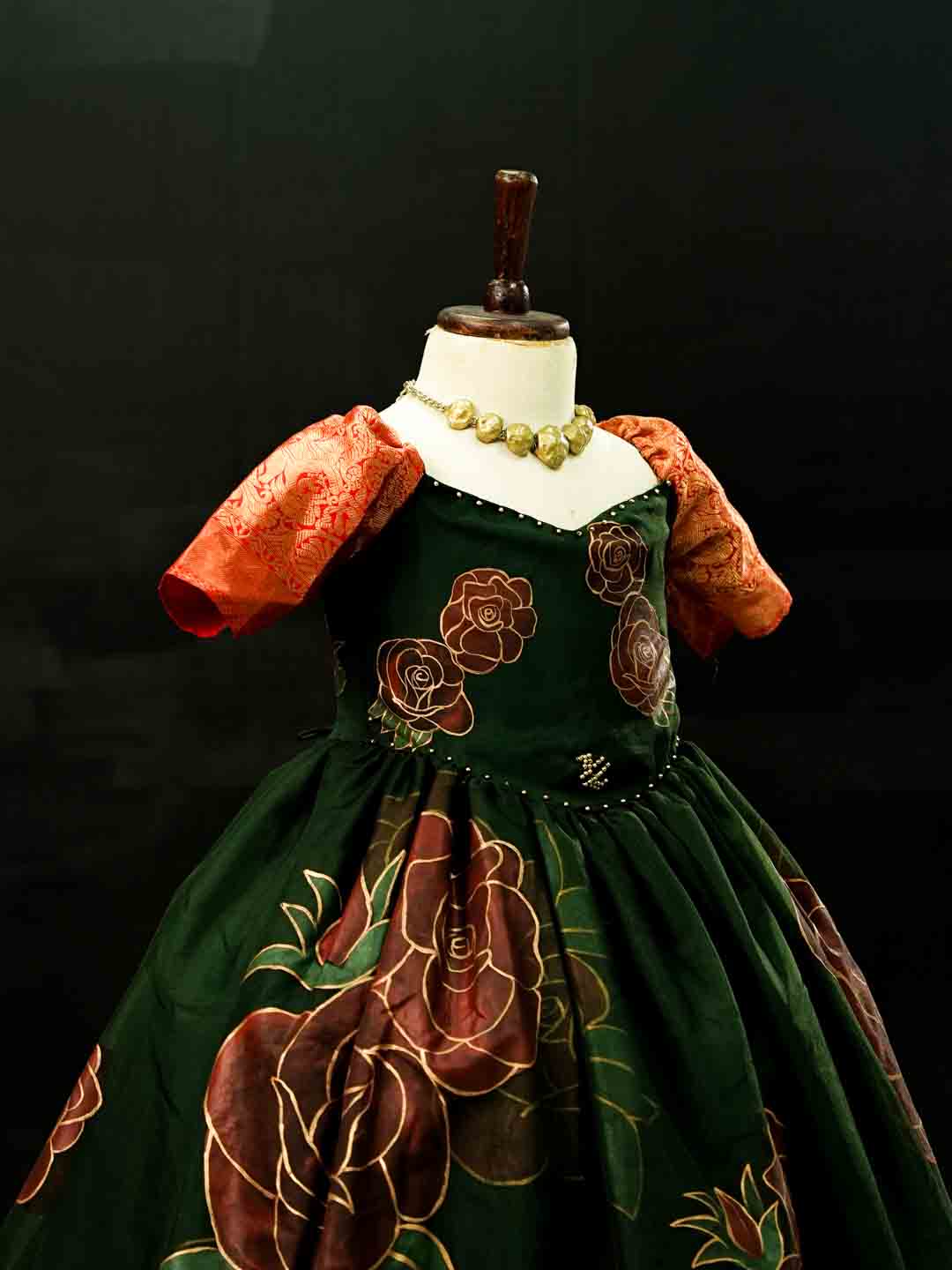 Hand-Painted Roses on Double Layer Forest Green Gown