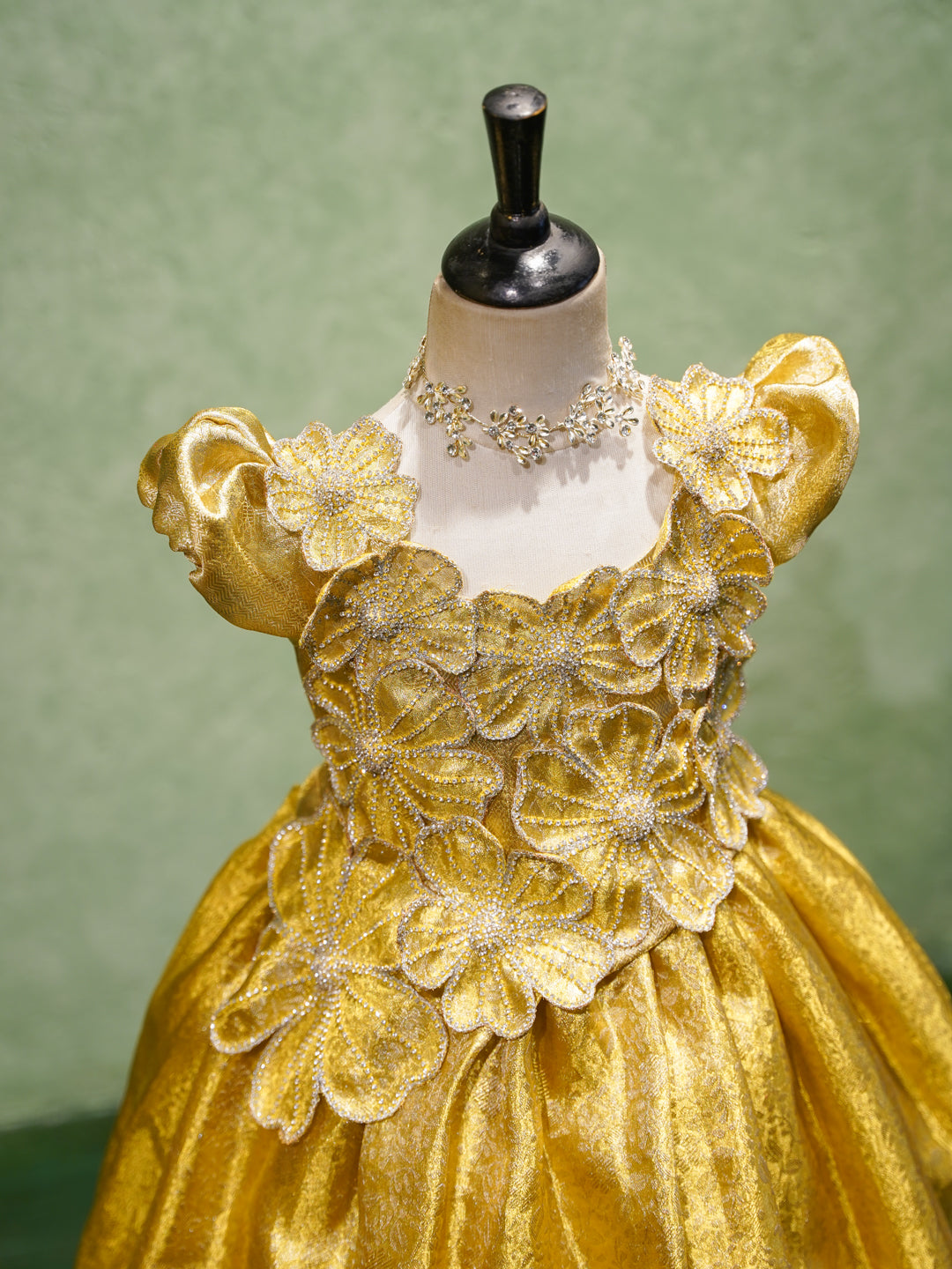 Golden Yellow Girl Silk Gown with Floral Embroidery