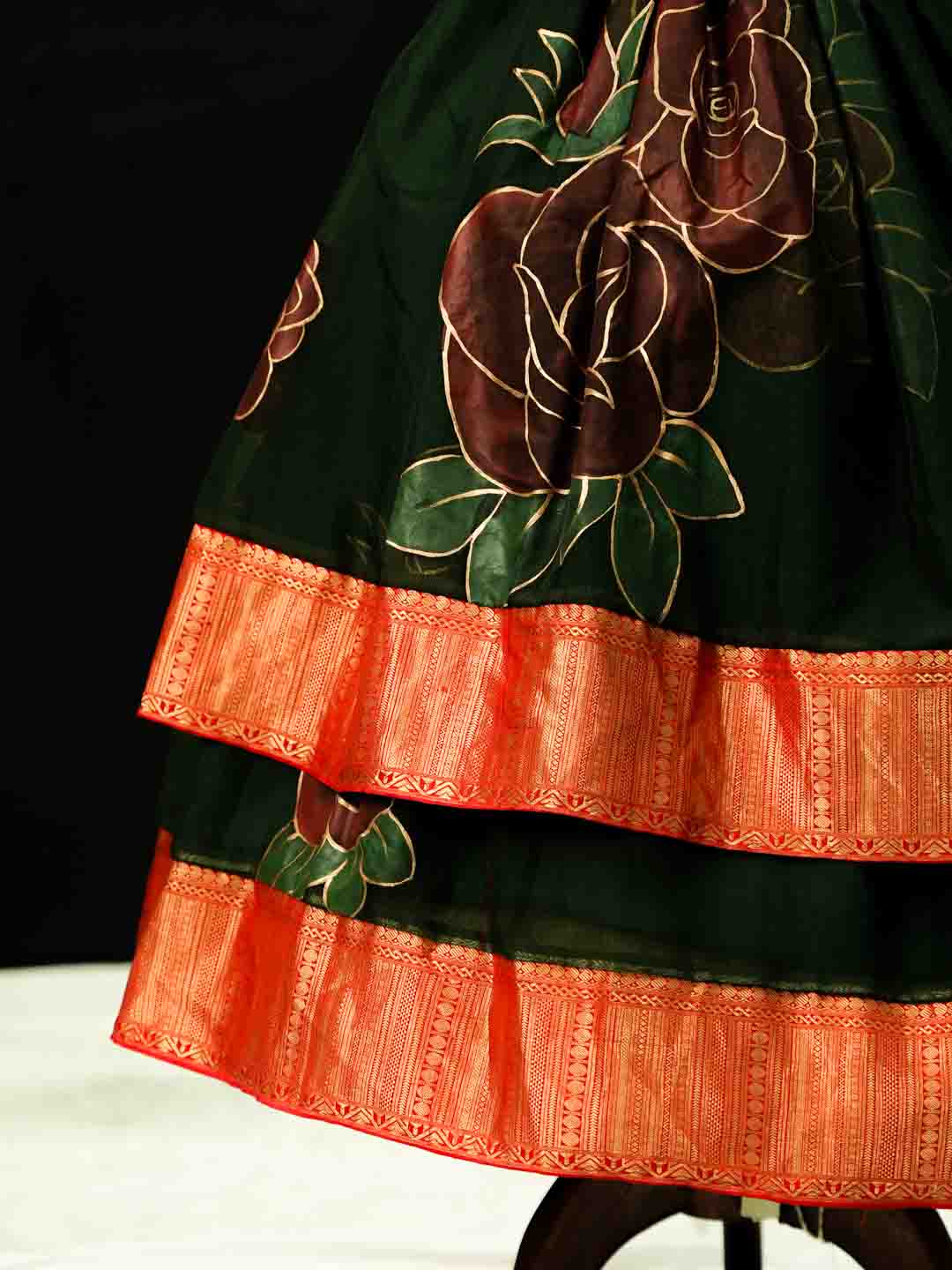 Hand-Painted Roses on Double Layer Forest Green Gown