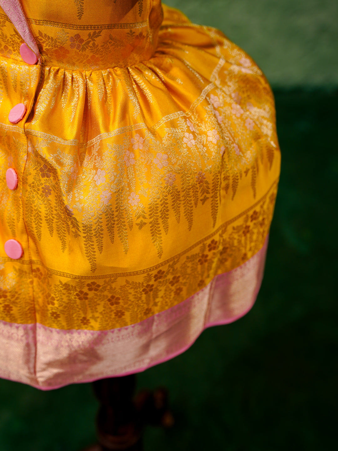 Sunshine Yellow & Pink Kanchipuram Silk Kids Gown with Jacket Style