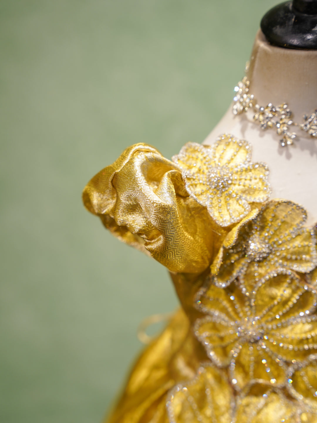 Golden Yellow Girl Silk Gown with Floral Embroidery