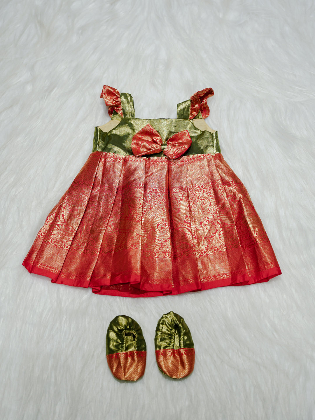 Coral Pink & Olive Green Silk Baby Gown