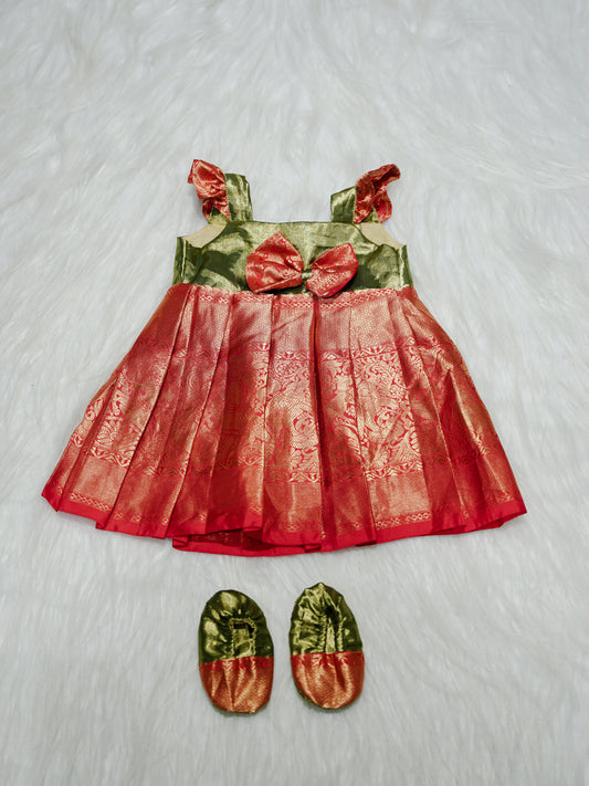 Coral Pink & Olive Green Silk Baby Gown