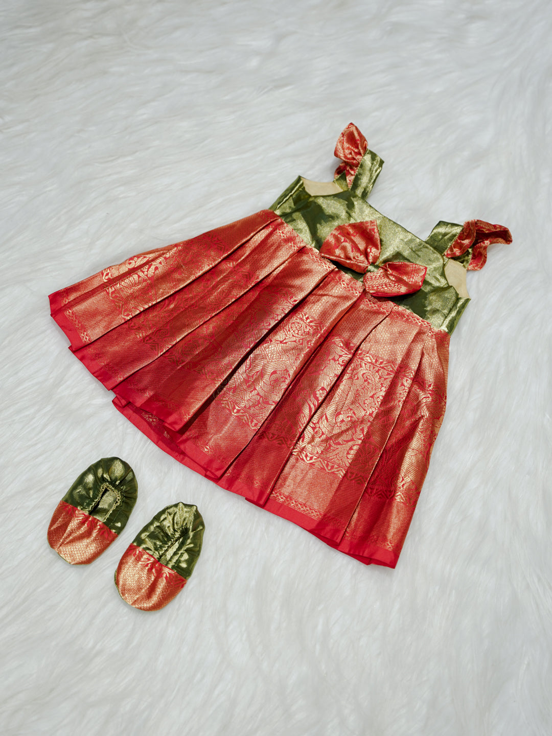 Coral Pink & Olive Green Silk Baby Gown