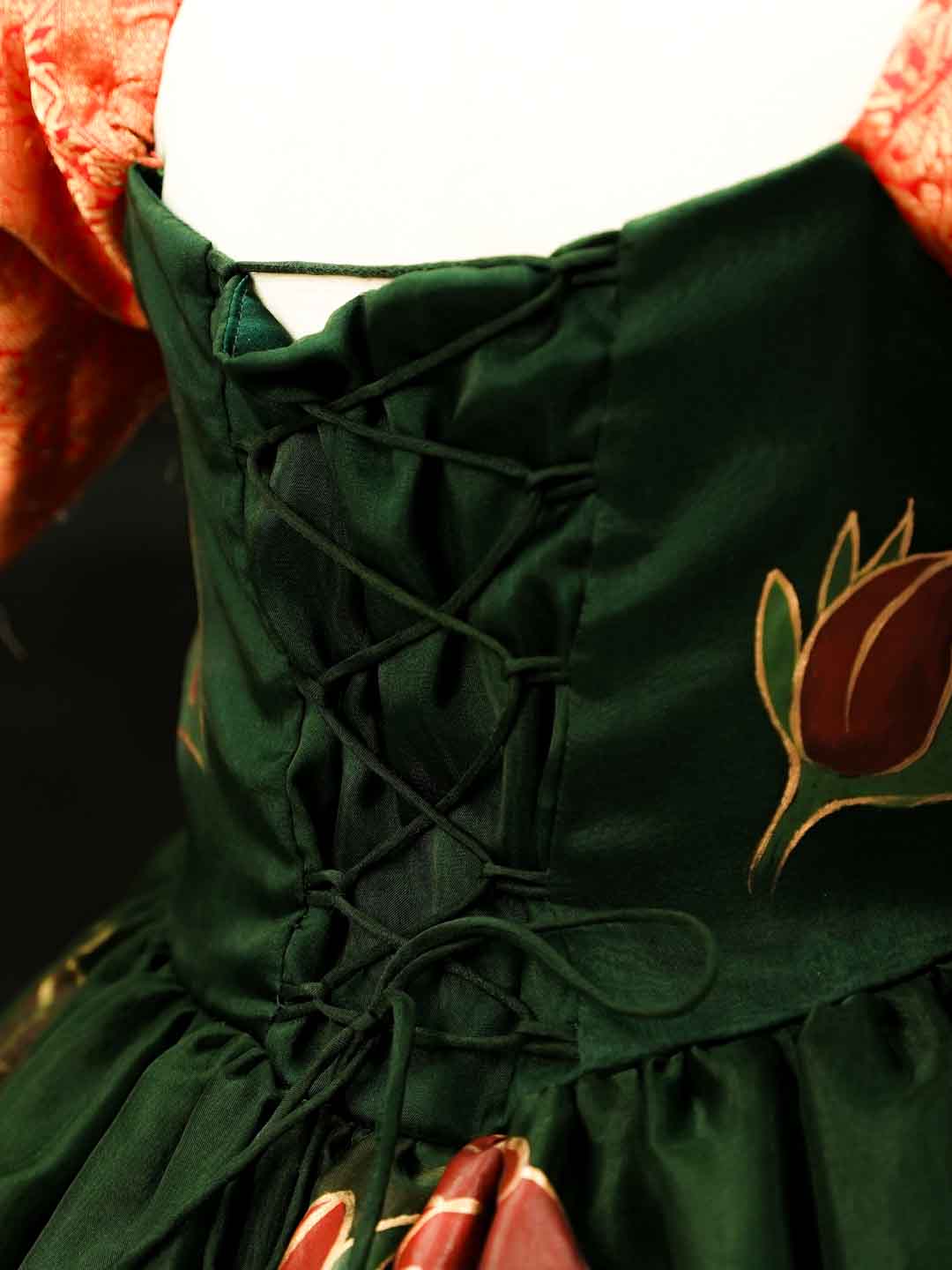 Hand-Painted Roses on Double Layer Forest Green Gown