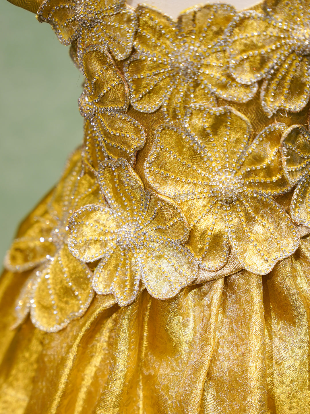 Golden Yellow Girl Silk Gown with Floral Embroidery