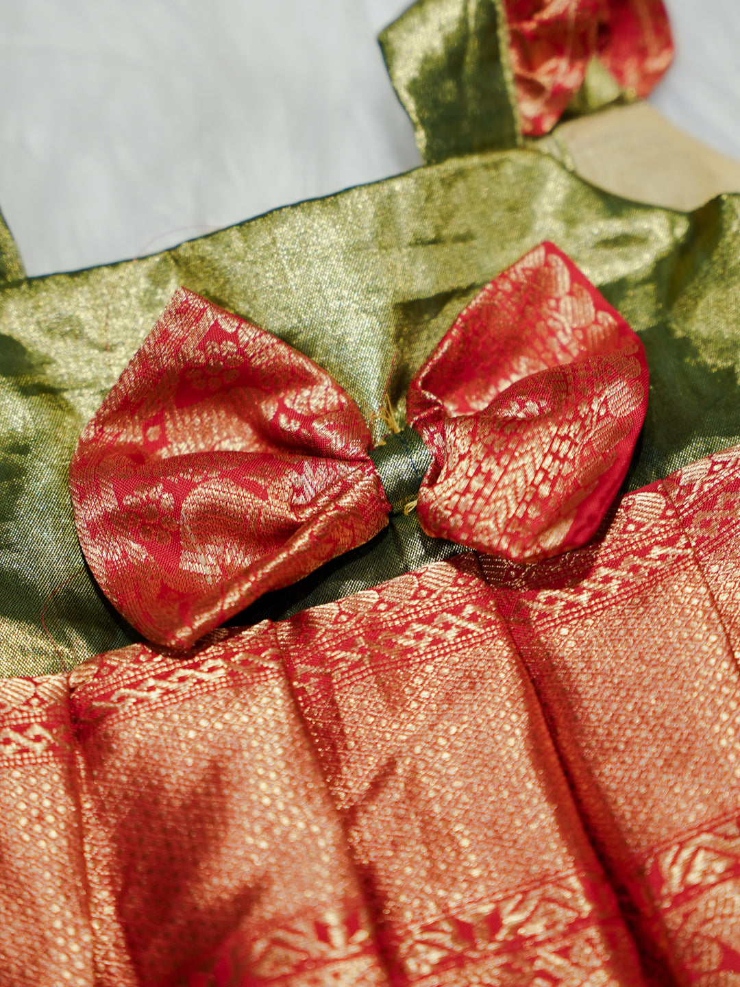 Coral Pink & Olive Green Silk Baby Gown