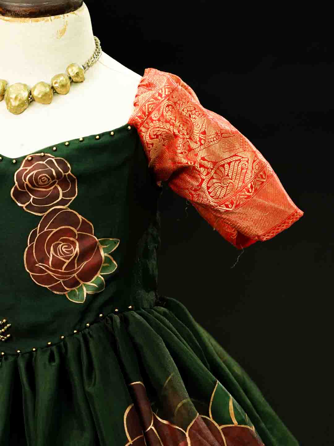 Hand-Painted Roses on Double Layer Forest Green Gown