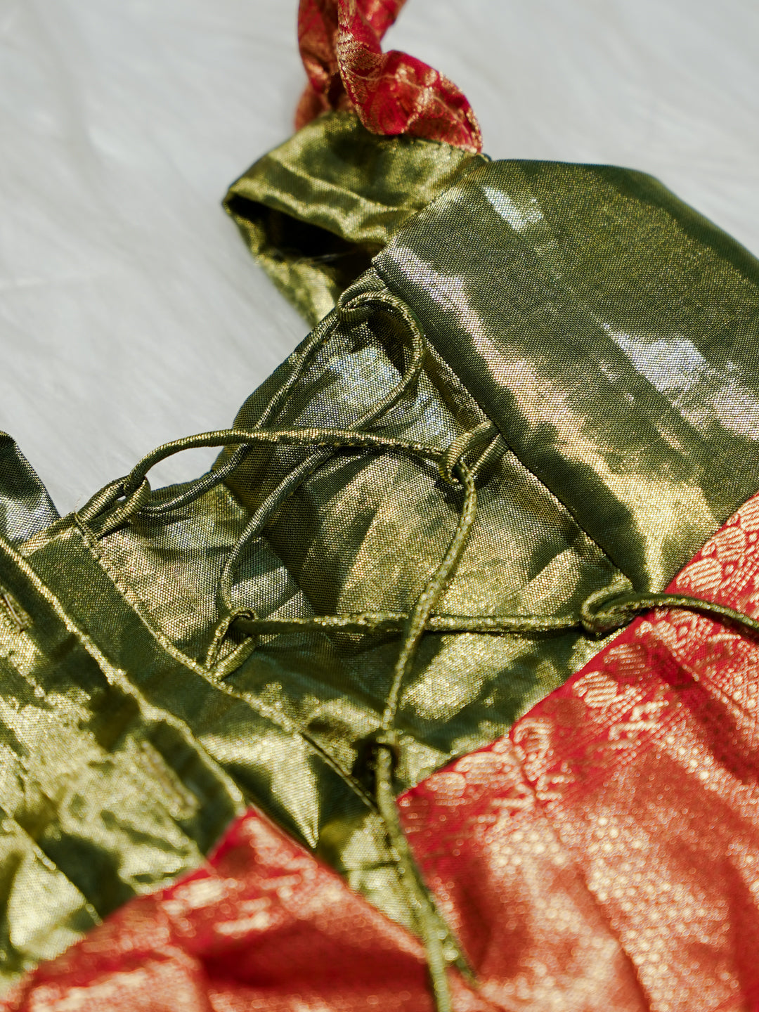 Coral Pink & Olive Green Silk Baby Gown