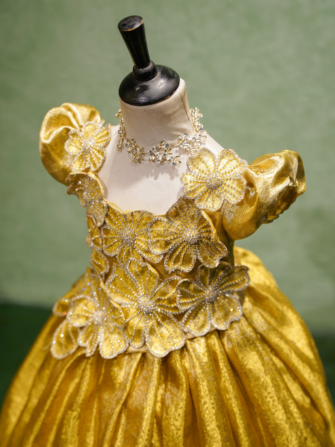 Golden Yellow Girl Silk Gown with Floral Embroidery