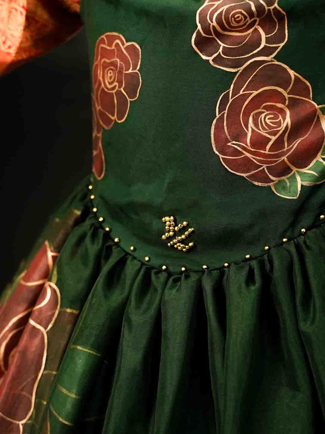 Hand-Painted Roses on Double Layer Forest Green Gown