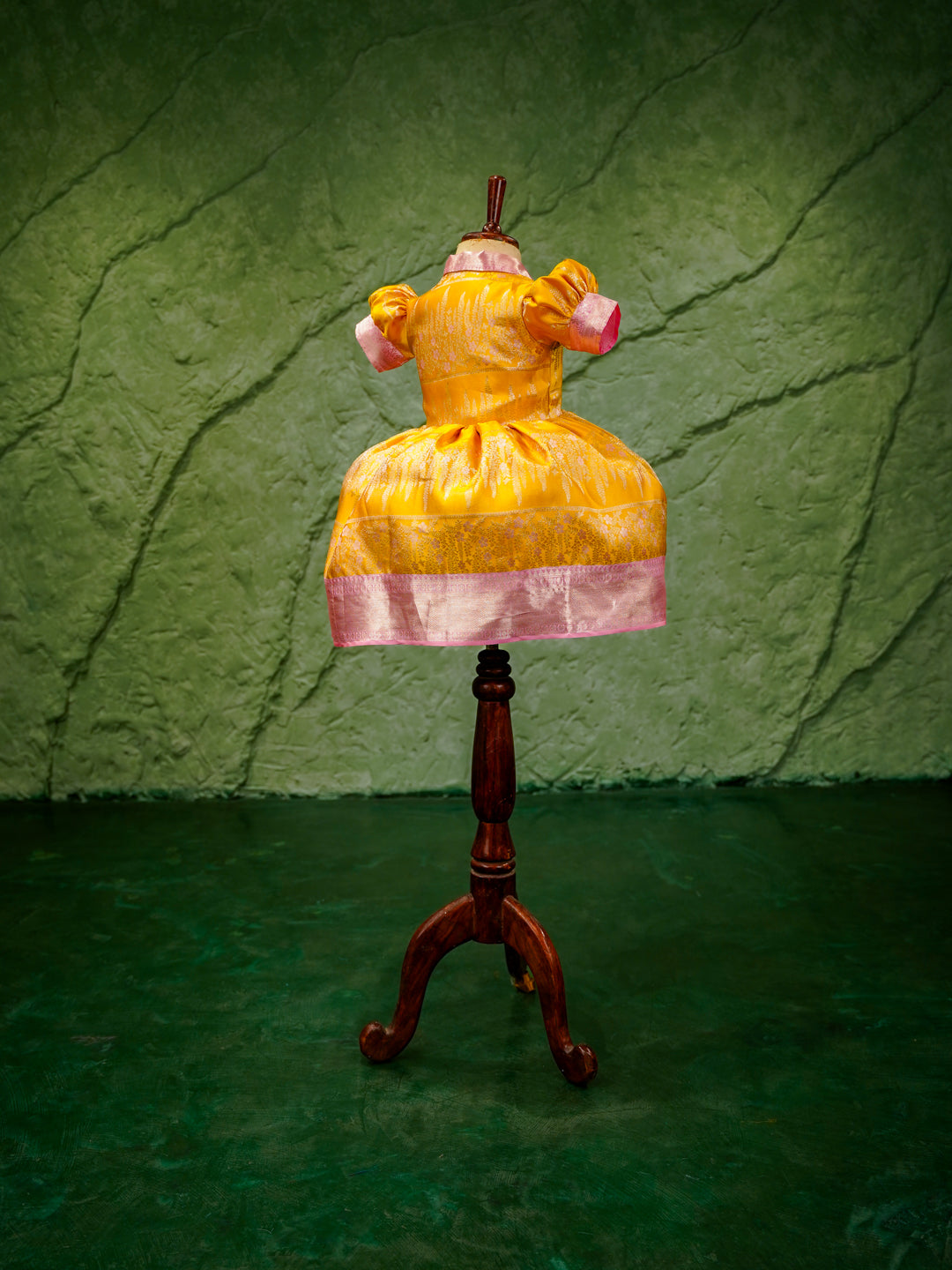 Sunshine Yellow & Pink Kanchipuram Silk Kids Gown with Jacket Style