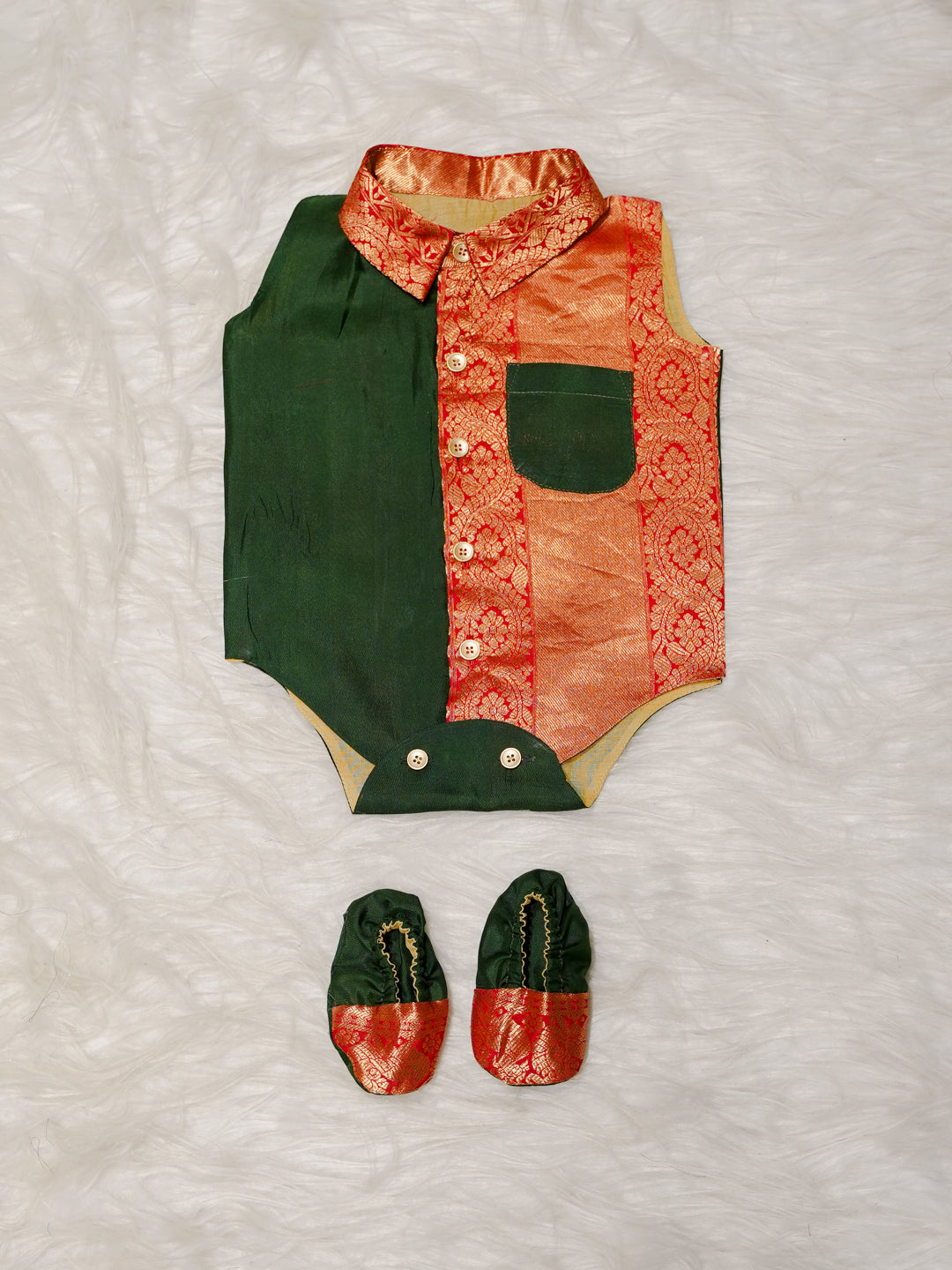 Green Boy Romper with Zari Panel