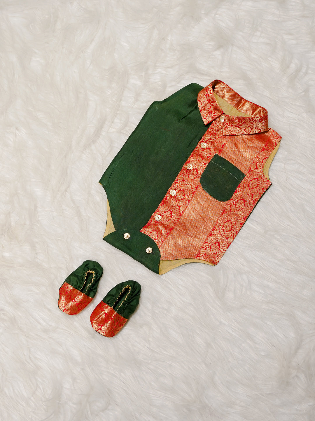 Green Boy Romper with Zari Panel
